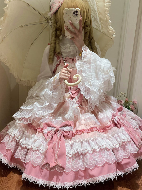 Pink Sweet Lolita JSK with tiered bell skirt and lace trim