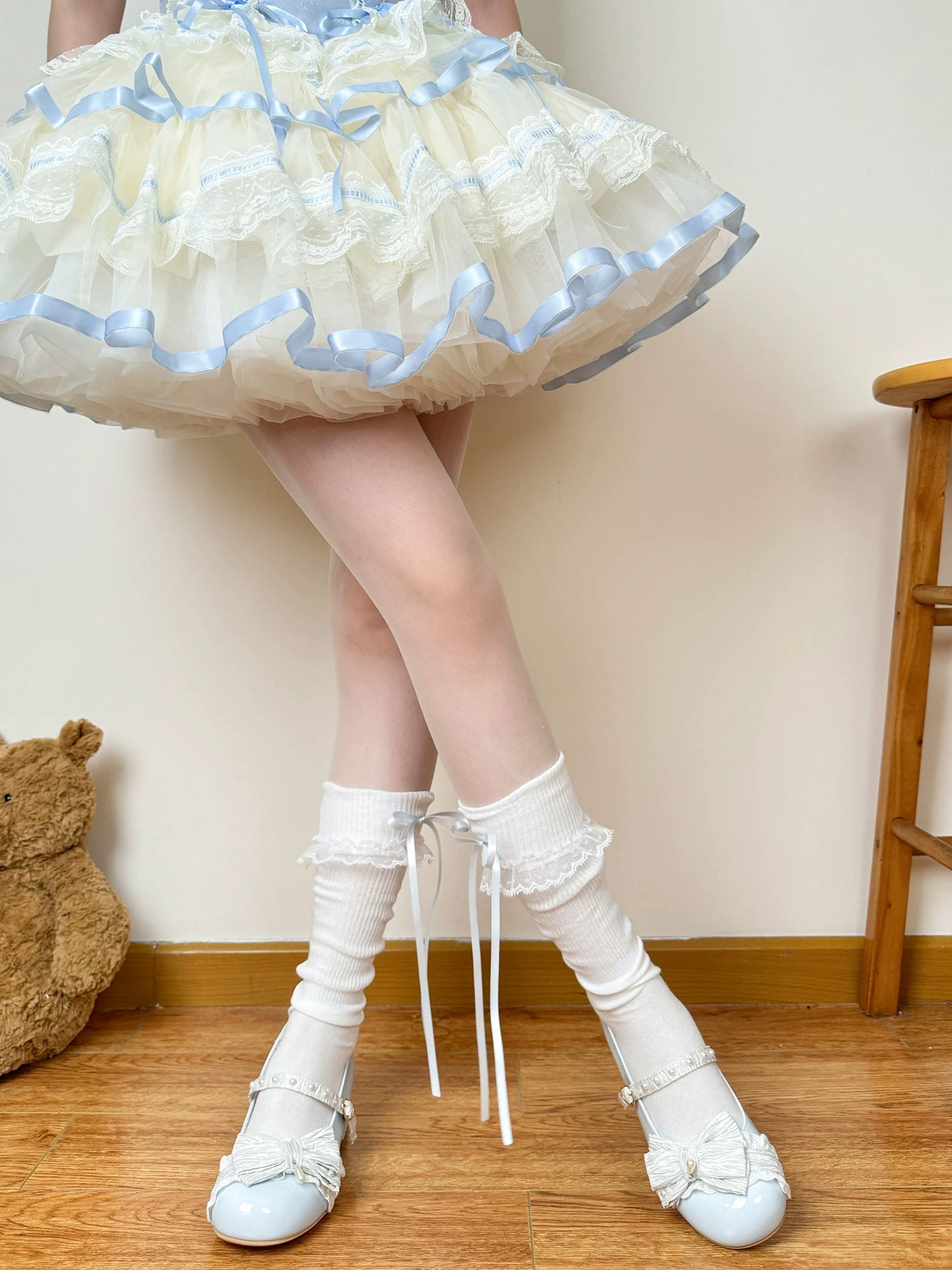 Chubby Bear Tales - Cream Ballet - Lightweight Calf Scrunch Socks with Lace Cuffs