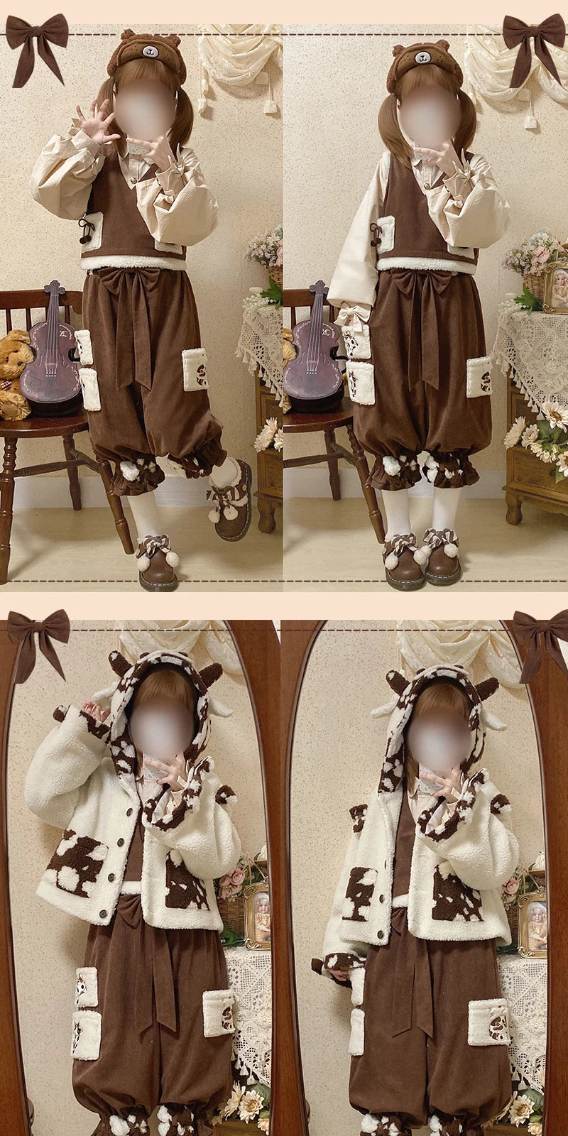 Baozi Pig - Milk Can Can - Brown-and-Cream Outfit Set with Bear Patches