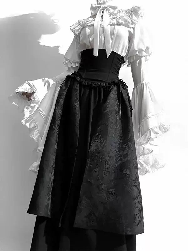 Creamy - Black-and-White Gothic - Blouse and Skirt Set with Ruffled Sleeves