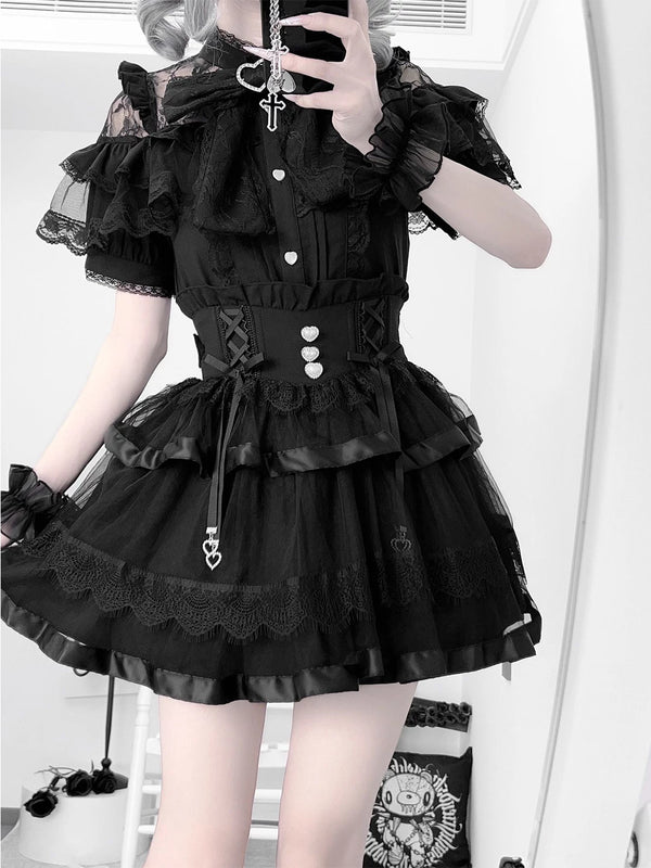 Black Lolita blouse and layered lace skirt set with bow and heart-shaped accents.