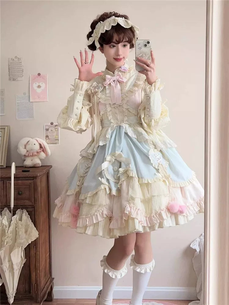 Tianxin Dreamscape - Mianmian Macaron - Solid-Colour OP Dress with Layered Lace Trim