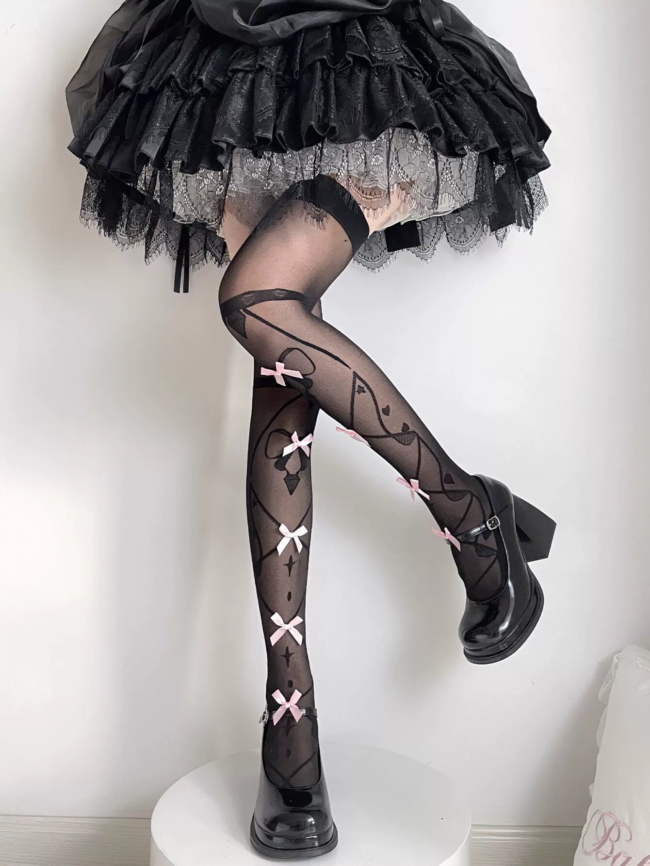 Fantasy Doll - Pink Ribbon - Black Over-Knee Stockings with Bow Details