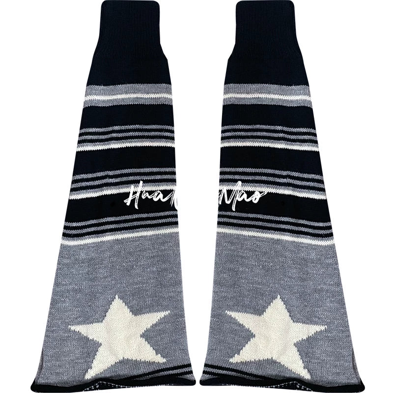 Subcultural gray knit leg warmer with horizontal black, white, and grey stripes and retro star motifs, ribbed top edge, rolled ankle cuff