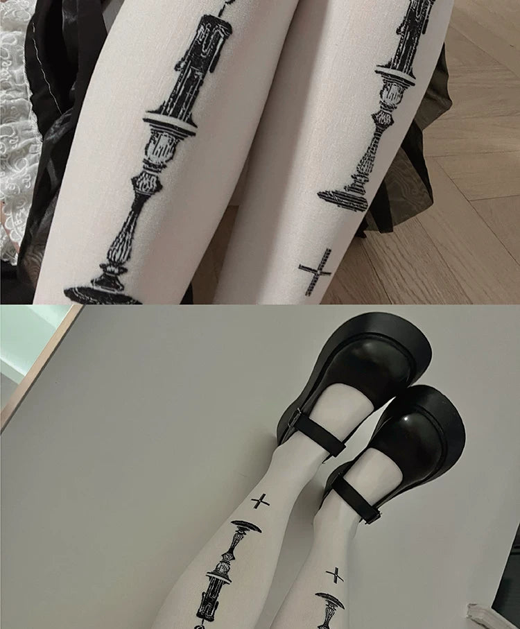 roji roji - Prayer Candle - 80D Printed Tights with Cross and Candle Motifs