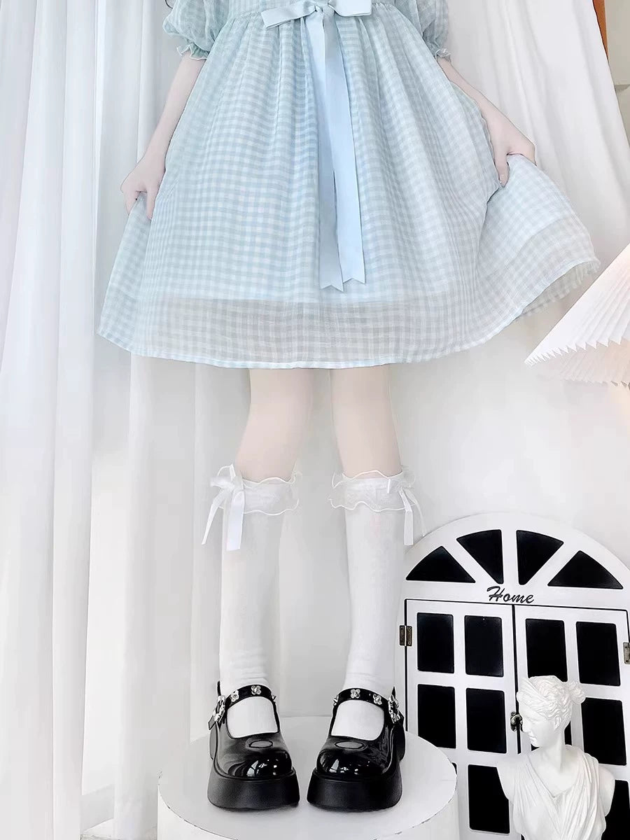 Floral Milk Cat - Bow Lace - Knee-high socks with ruffled tops and side bows