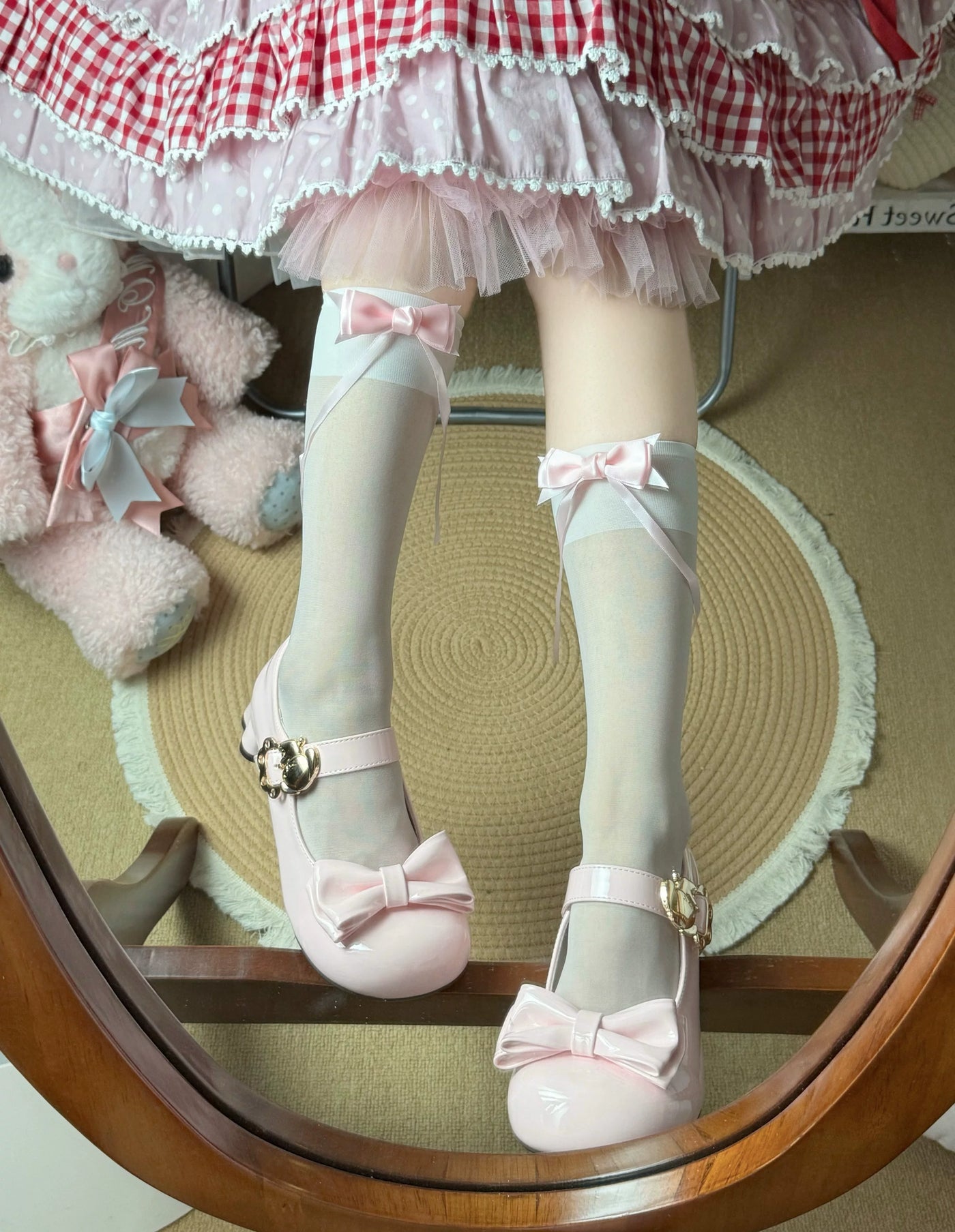 Fantasy Doll - Ribbon Contrast - Sheer Bow Mid-Calf Socks