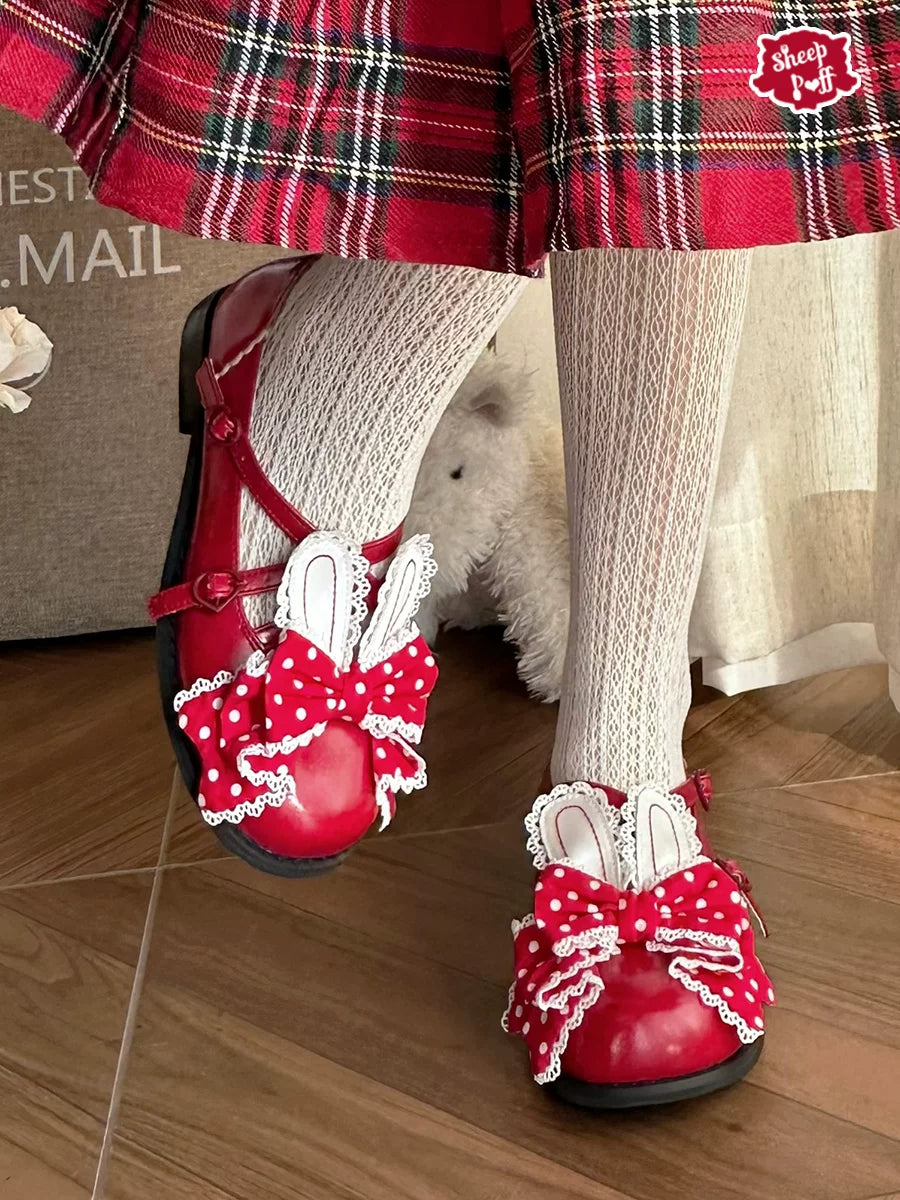 Sheep Puff Candy Bunny low heel Lolita shoes featuring pastel colors, cute bunny detail, and comfortable slip-on design.