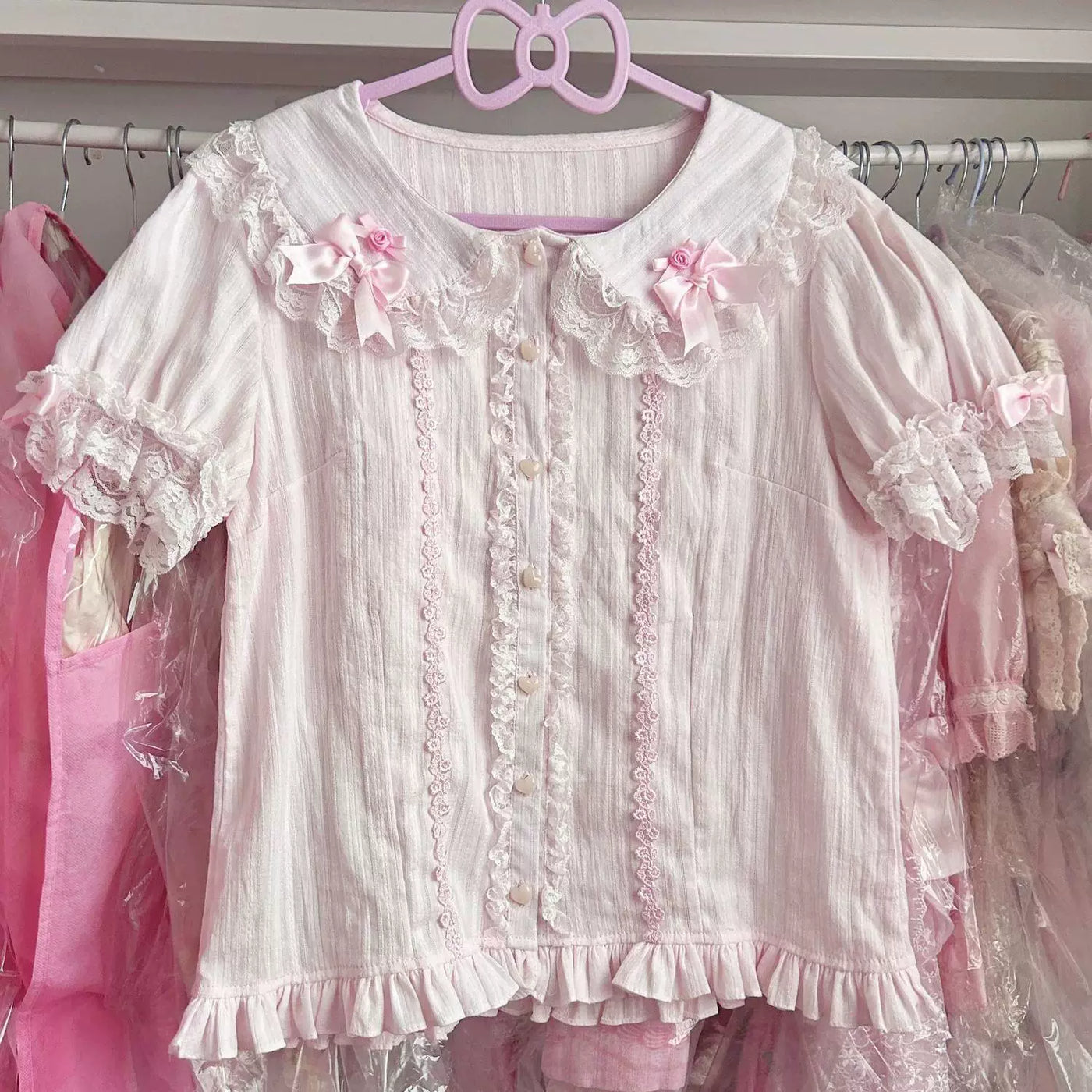 Sweetheart Dream Machine - Vintage Floral Wall - Ruffle-Trimmed Blouse with Doll Collar