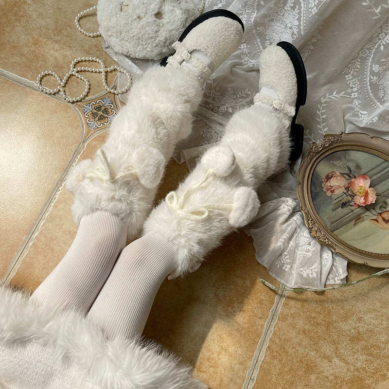 Sock Noble - Winter Plush - White Plush Leg Warmers with Tie Details