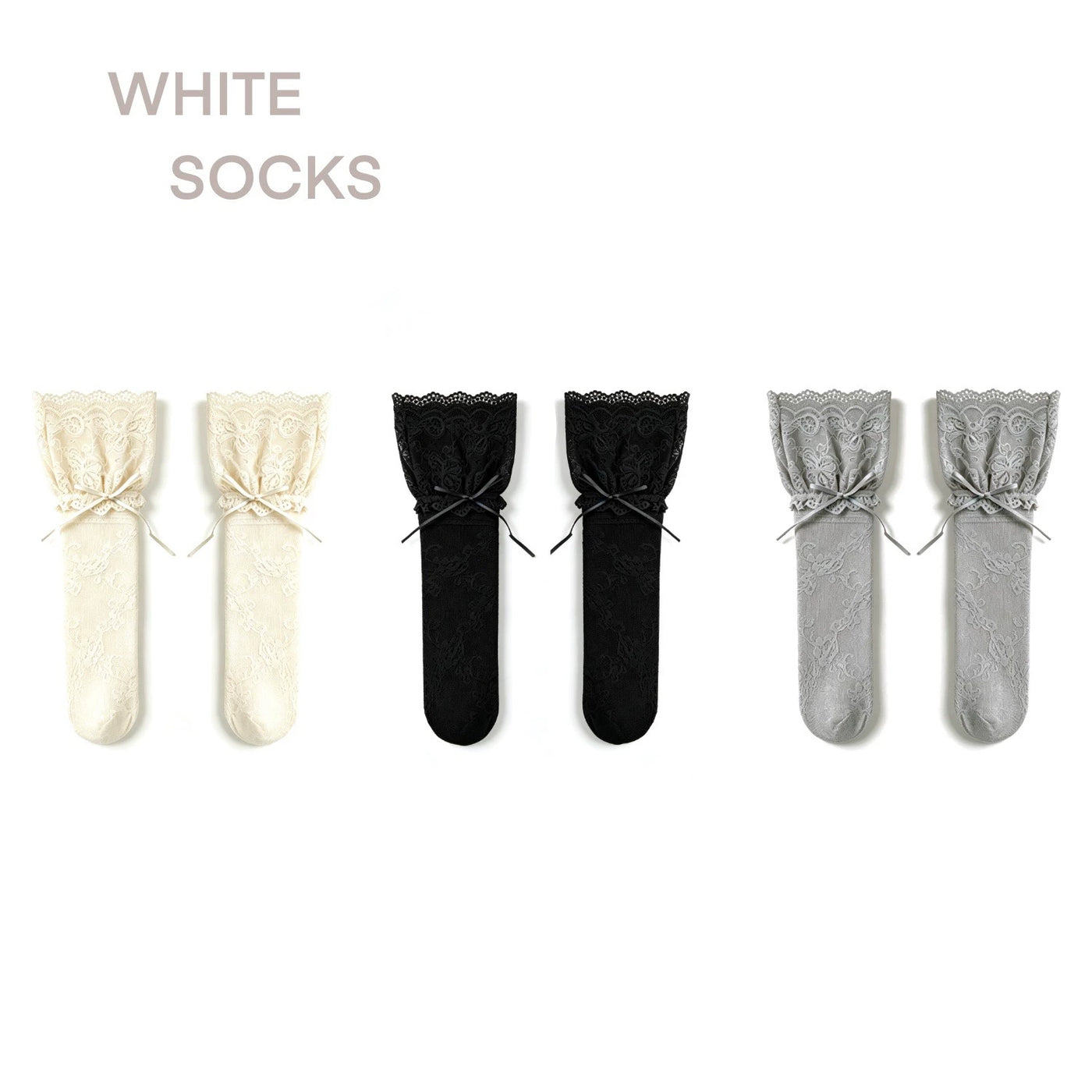 White Socks - Lace Ribbon - Socks with floral lace and ribbon ties