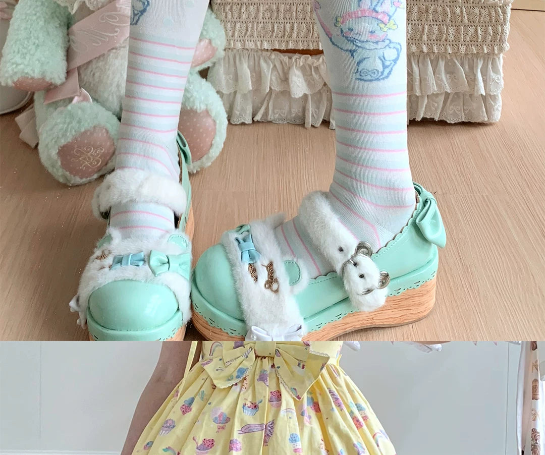 roji roji - Momo Bow Stripe - Cotton Over-the-Knee Socks with Bow Motifs