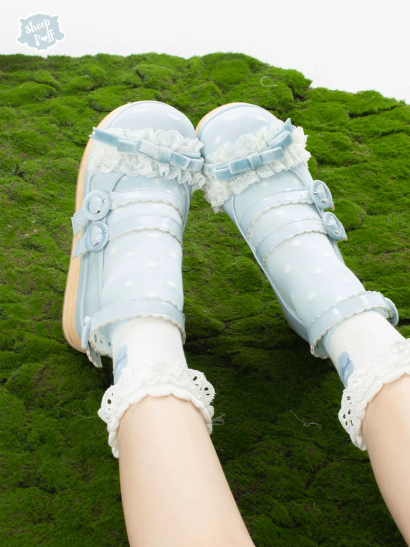Sheep Puff Tiramisu Platform Lolita Shoes featuring a cute sheep puff design and beige platform soles.