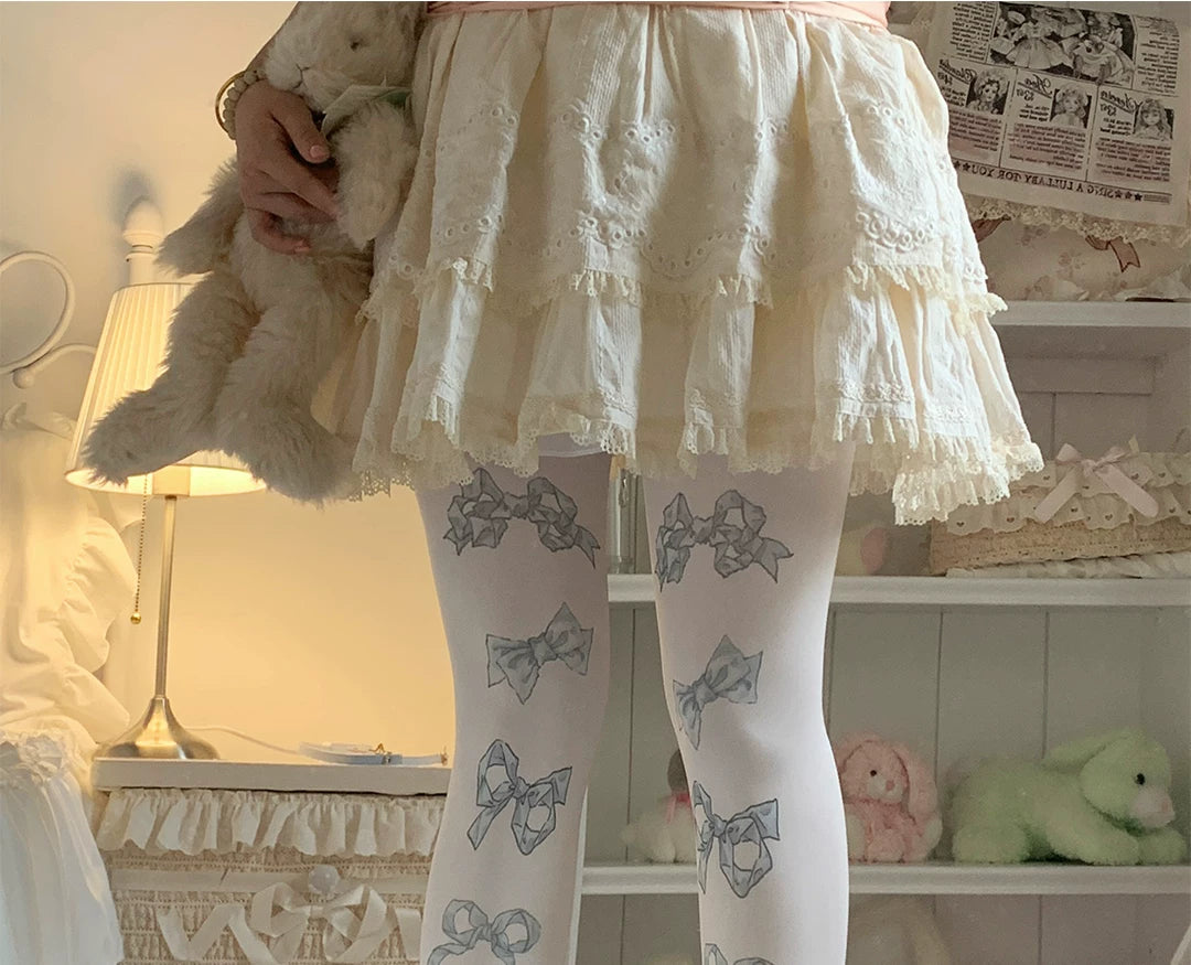 roji roji - Bow Print - Velvet Bow-Print Tights in Three Colourways