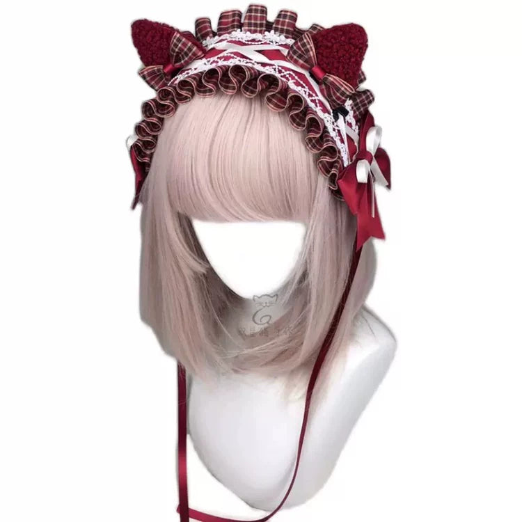 Little Red Riding Hood Burgundy Plaid Ear Headband & Clips — additional product view