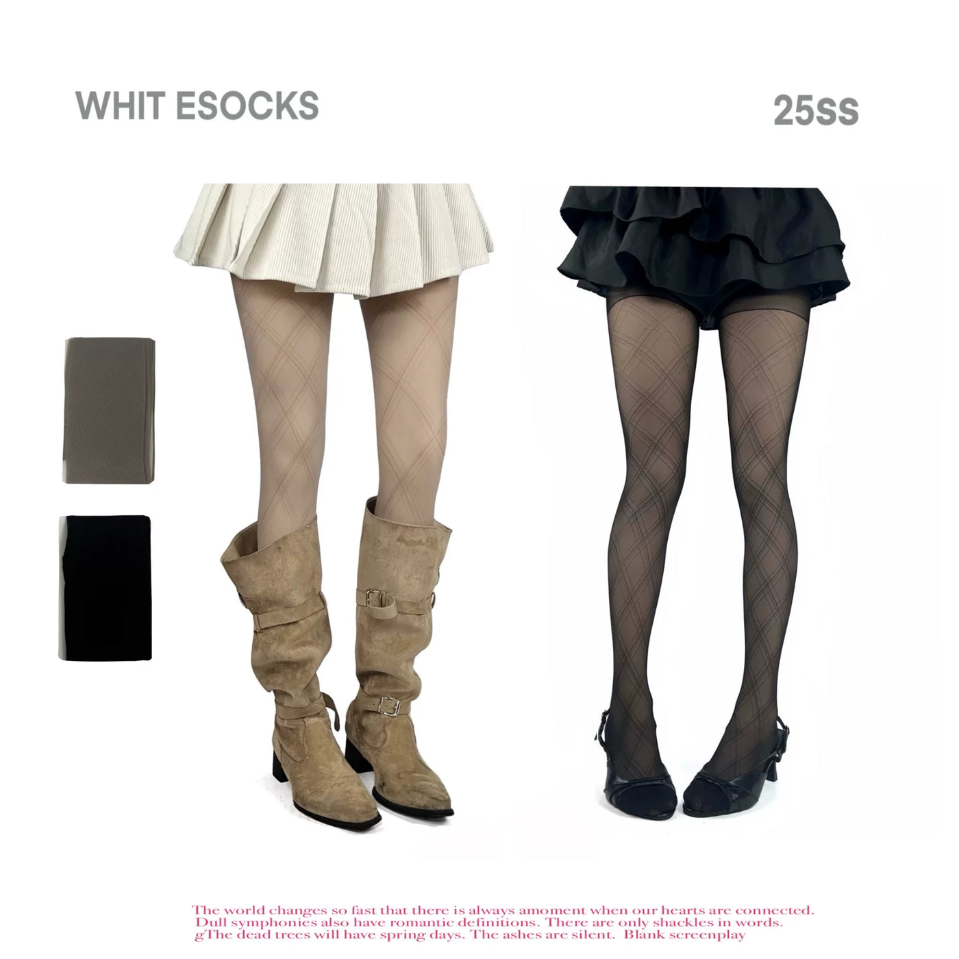 White Socks - Diagonal Lattice - Diamond-Pattern Tights