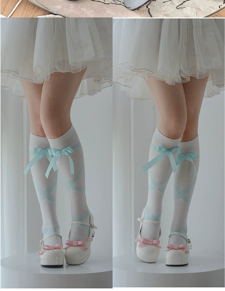 roji roji - Ribbon Strap - Cotton Mid-Calf Socks with Crossed Ribbon Straps