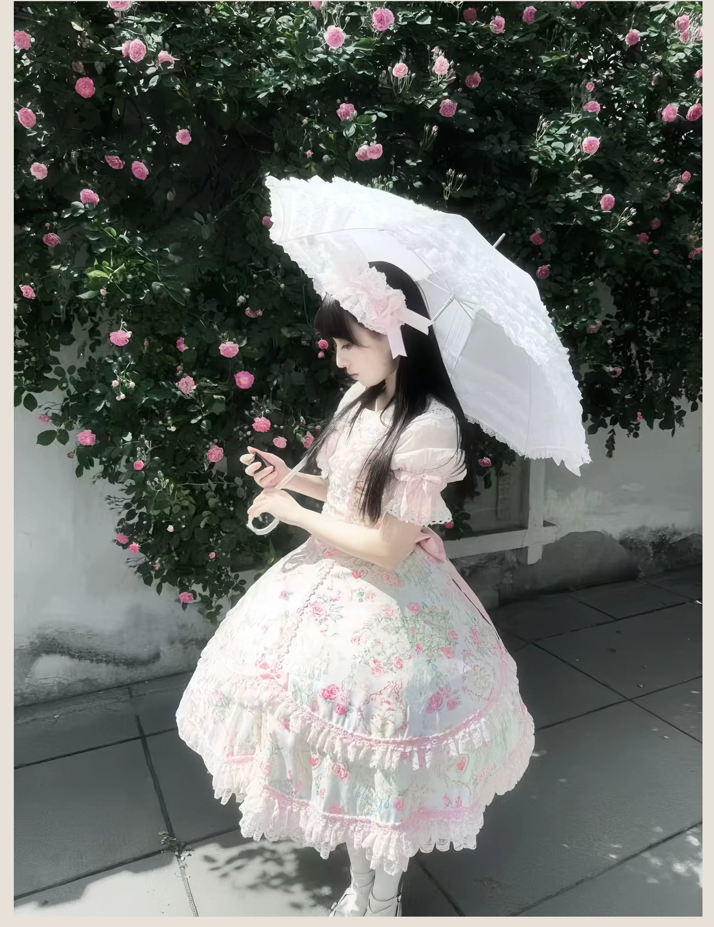 Tata Long Ear - Spring 2025 Floral Wall - Floral Print JSK Dress with Layered Lace Ruffles