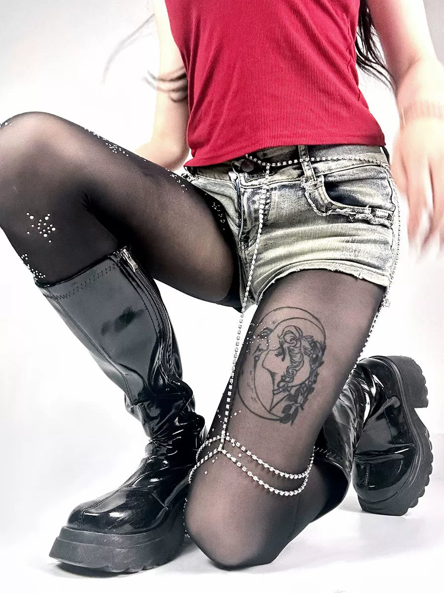 White Socks - Silver Y2K Leg Chain - Silver rhinestone leg chain with multi-strand detailing