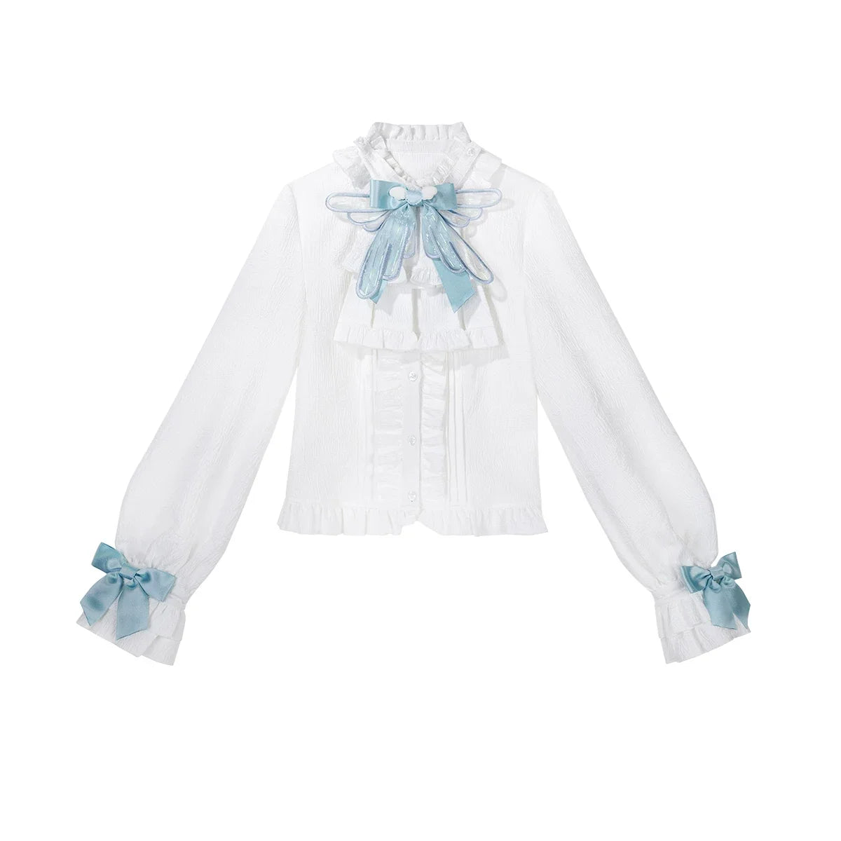 White and light blue Ouji Lolita outfit set with ruffled blouse, blue bows and suspender shorts