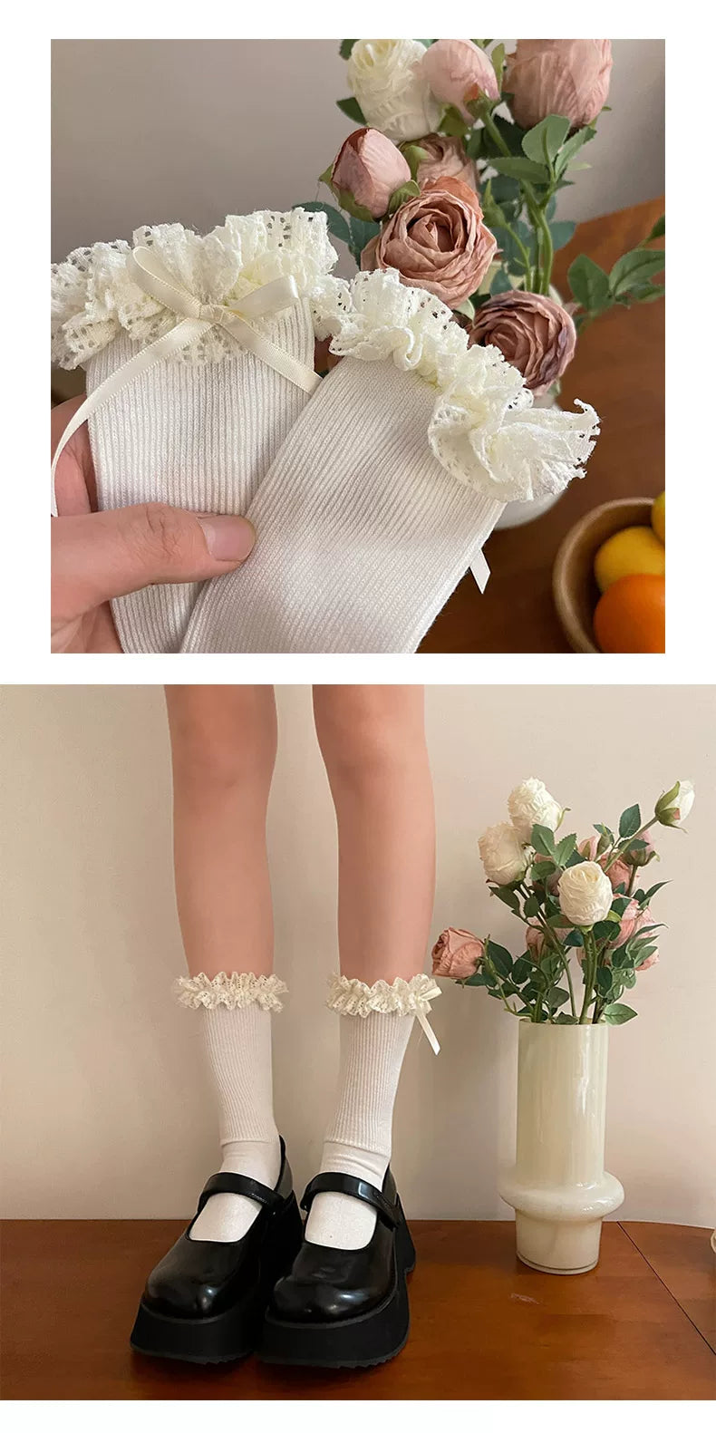 Sock Noble - Ruffle Bow - Scrunched Mid-Calf Socks with Ruffled Lace Cuffs