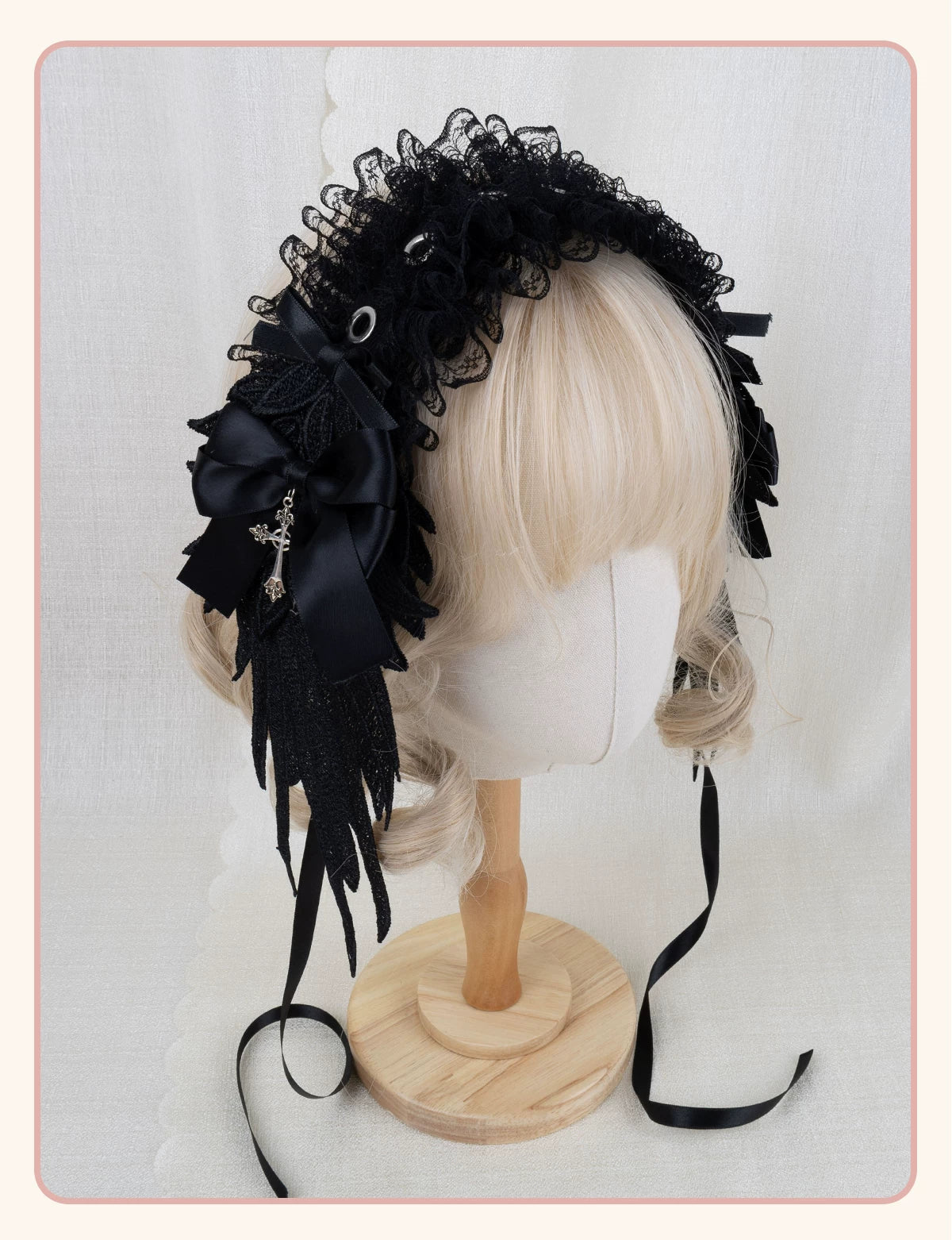 Stardust Rose - Winged Cross - Black-and-White Lace Headband with Wings and Cross Details