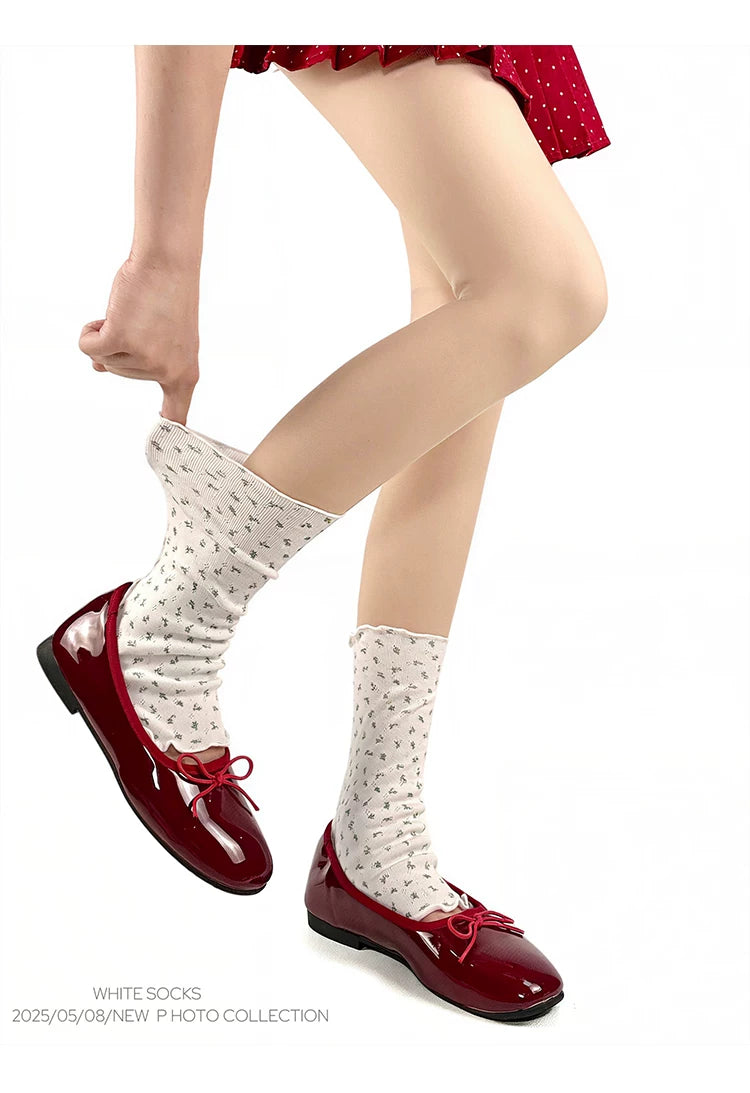White Socks - Ballet Scrunch - Floral Mid-Calf Stirrup Socks with Rolled Edges