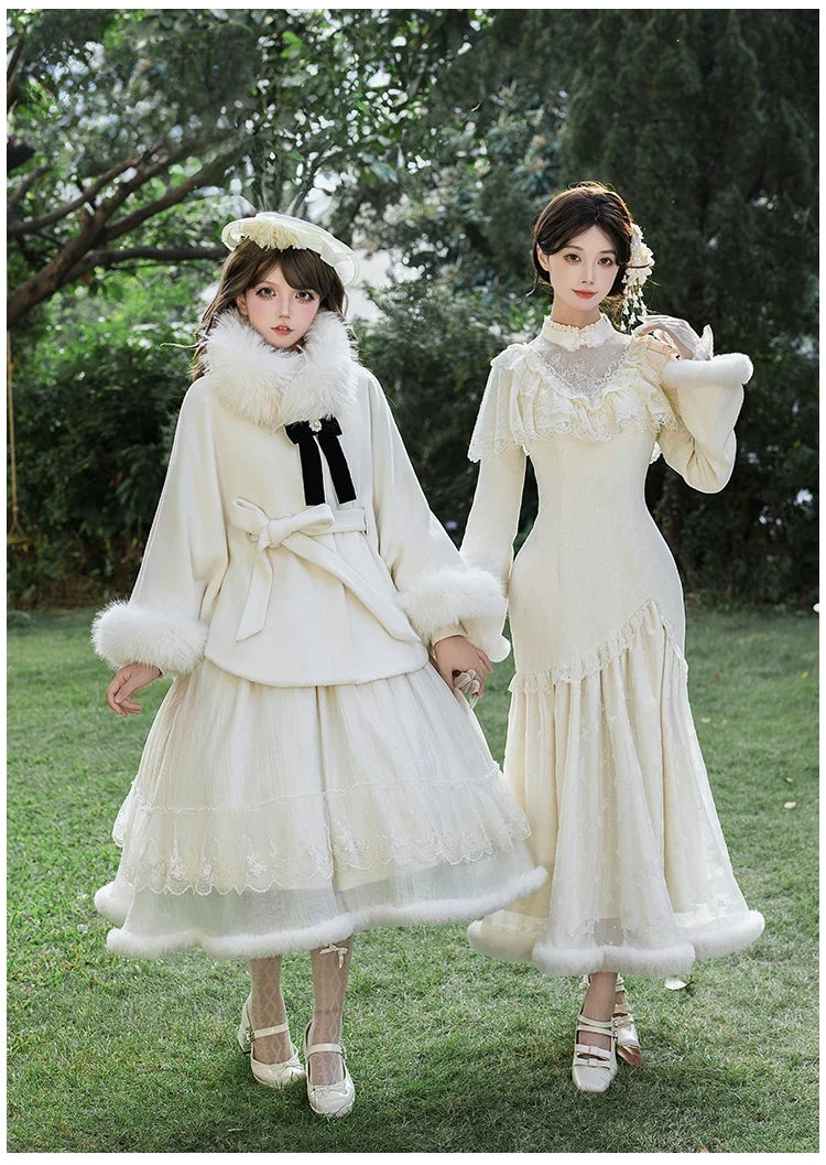 With PUJI - Winter Island Memory - Elegant Lolita Winter Coat & OP Dress Set