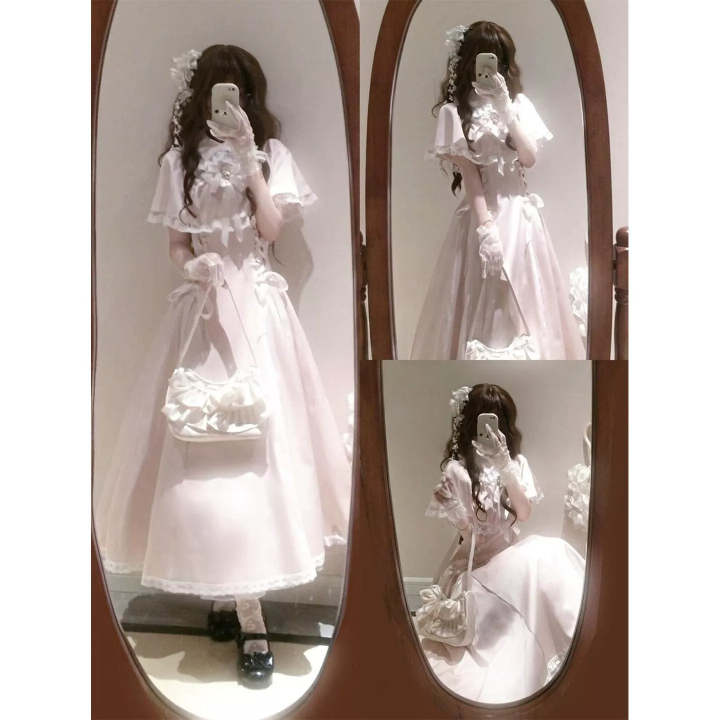 Creamy - Lace Cape Princess - Pink Long One-Piece Dress with Cape Sleeves