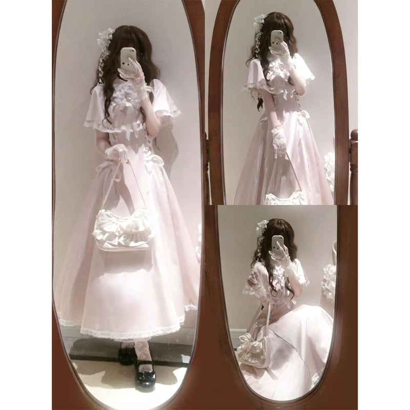 Creamy - Lace Cape Princess - Pink Long One-Piece Dress with Cape Sleeves