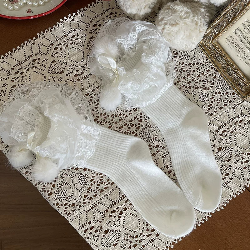 Sock Noble - Christmas Ribbon Fur Ball - Slouch socks and basic white tights with red-ribbon or fur-ball accents