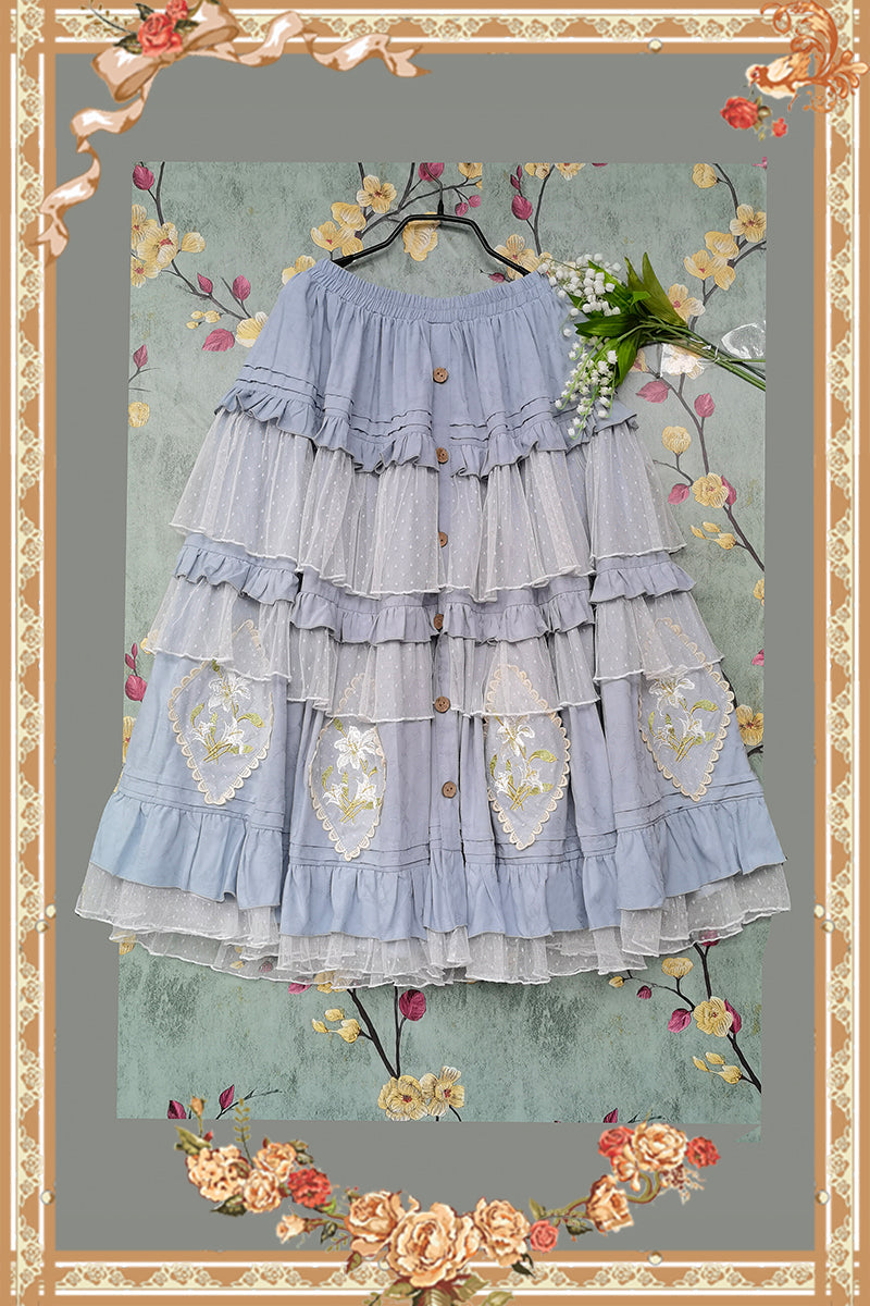Melaleuca Lily - Embroidery Country Lolita Blouse and Skirt M blue SK white net yarn