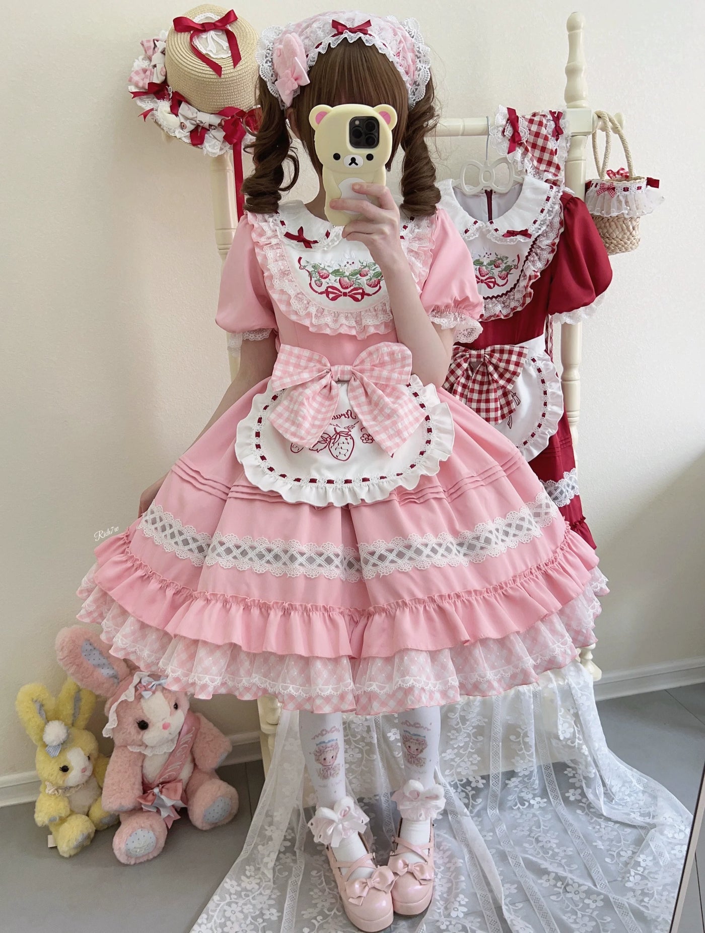 Strawberry Tea - Sweet Red Lolita OP Dress Short Sleeve Apron Dress S Pink OP