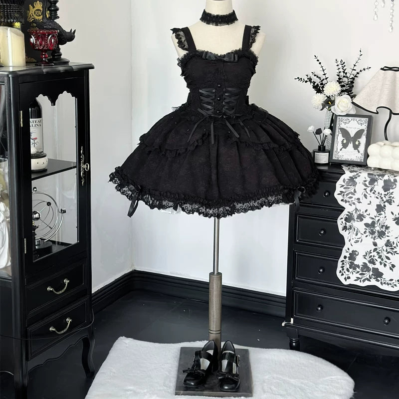 Lady Han Lolita Fufu Ballet Bridal JSK dress with floral lace and satin bows, featuring elegant ballet-inspired design.