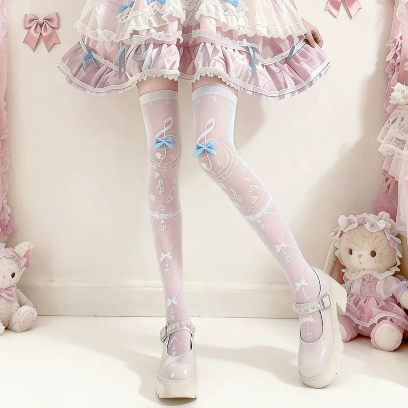 Fantasy Doll - Musical Note Sweetness - White Thigh-High Socks with Bow Accents