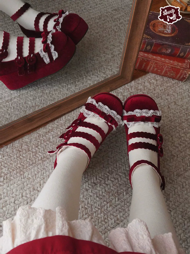Sheep Puff Tiramisu Velvet Platform Lolita Shoes with sheep puff design, high platform, and velvet finish.