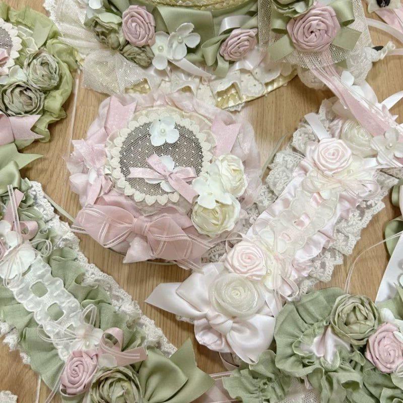 Composite image of powder-green floral Lolita accessories, including a straw hat, bag, headwear and hair clips