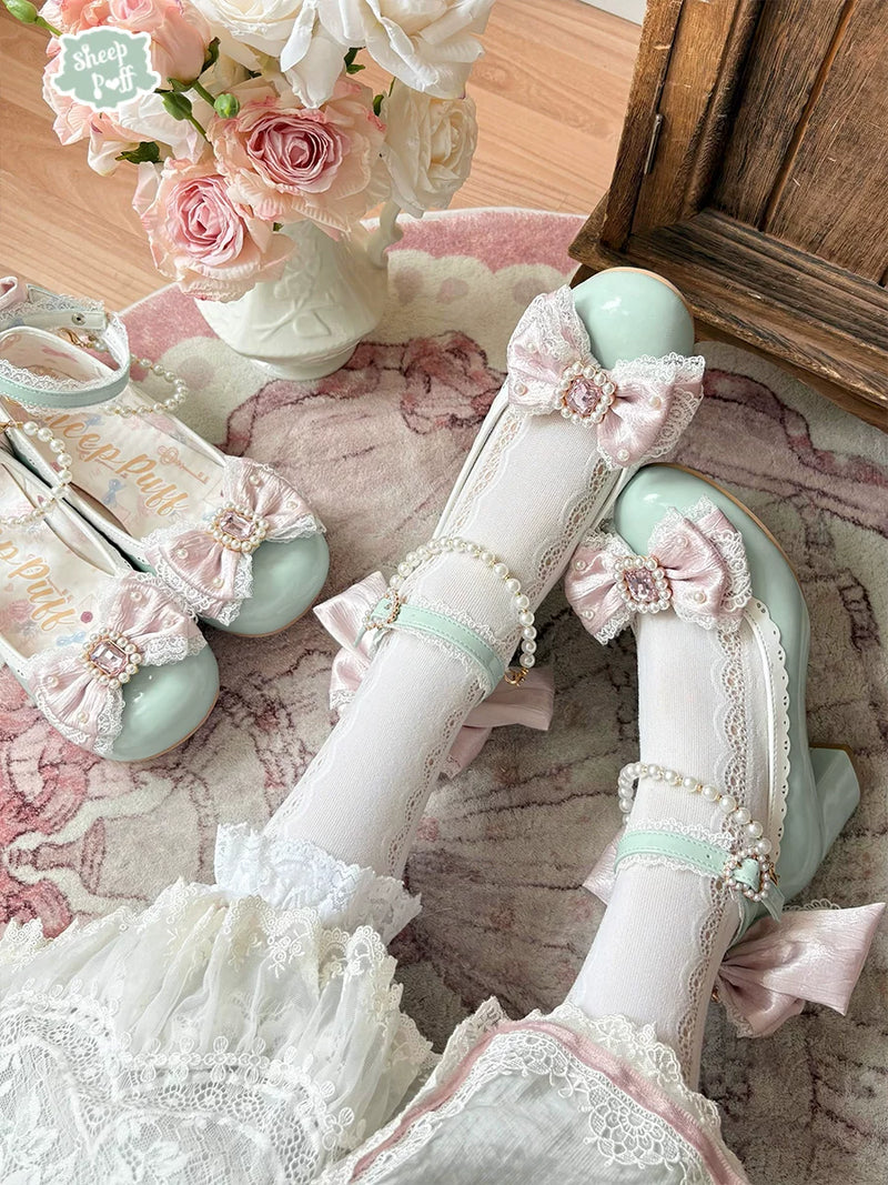 Sheep Puff Princess Pearl Mary Jane Shoes showing white shoes with pearl embellishments and a classic Mary Jane strap style.
