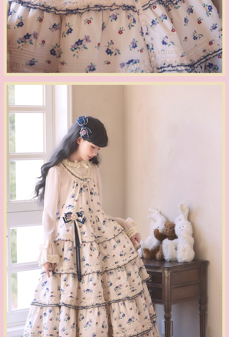 Cream floral Lolita dress on a hanger with navy-edged frills