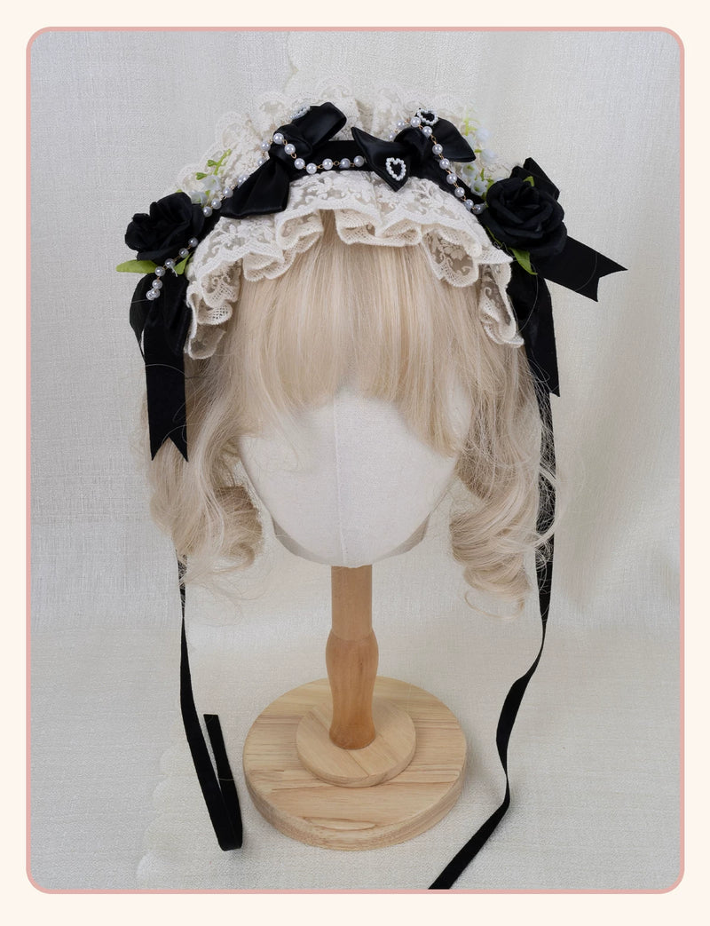 Stardust Rose - Rose Heart - Lace Headband with Rose and Heart Details