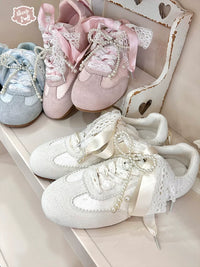 Sheep Puff - Dream Lace Lo-Run - Lolita Platform Sneakers with Lace and Pearl Details - Pink / 35