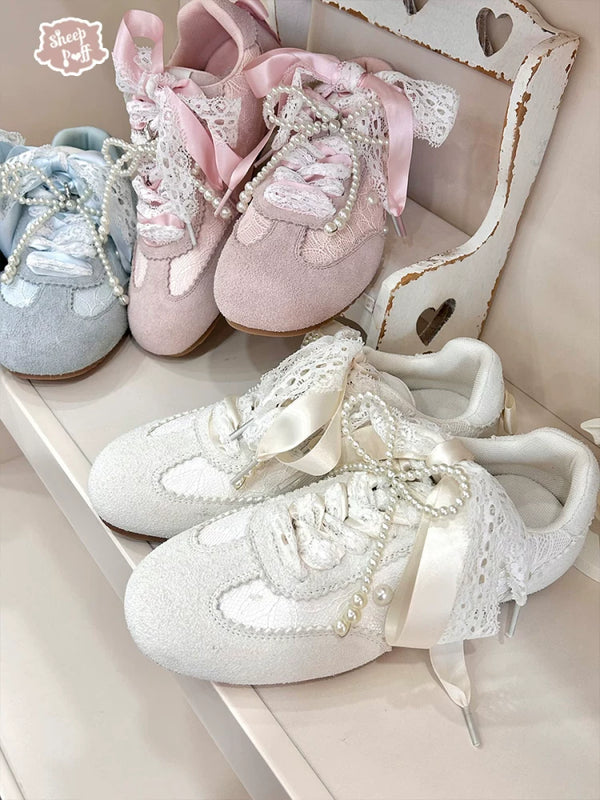 Sheep Puff Dream Lace Lo-Run Lolita Sneakers featuring white lace details and a playful, fashionable shoe design.