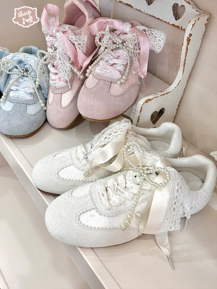 Sheep Puff Dream Lace Lo-Run Lolita Sneakers featuring white lace details and a playful, fashionable shoe design.