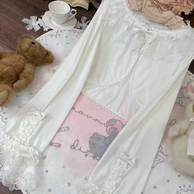 Sweetheart Dream Machine - Doll-Collar Ice-Silk Layer - White or Black Long-Sleeve Outer Layer with Lace Trim