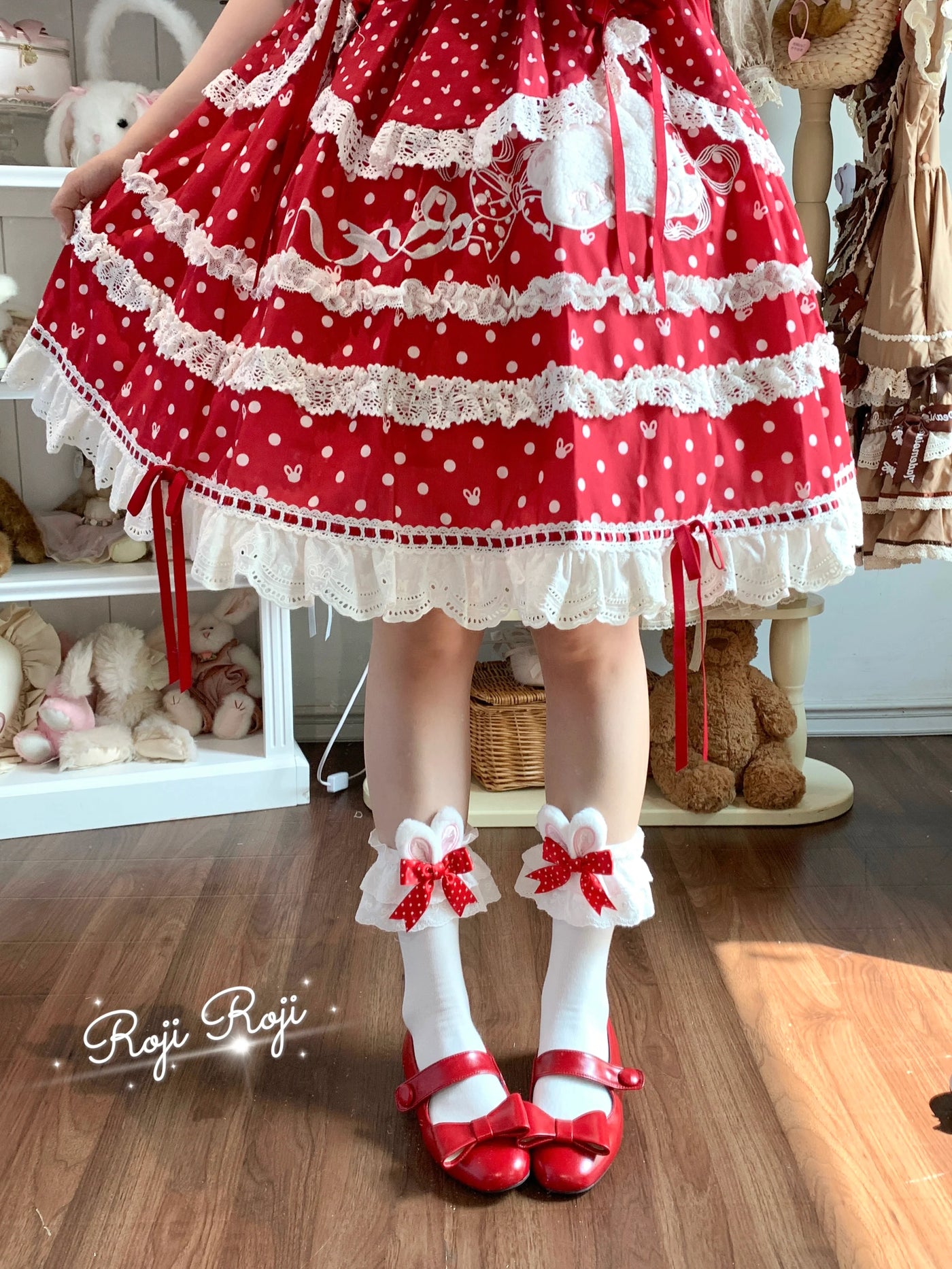 Sweet Lolita Cotton Socks, Bunny Ear & Ribbon Bow Red polka dots One Size