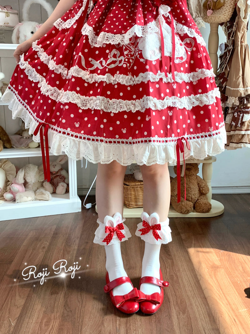Sweet Lolita Cotton Socks, Bunny Ear & Ribbon Bow Red polka dots One Size
