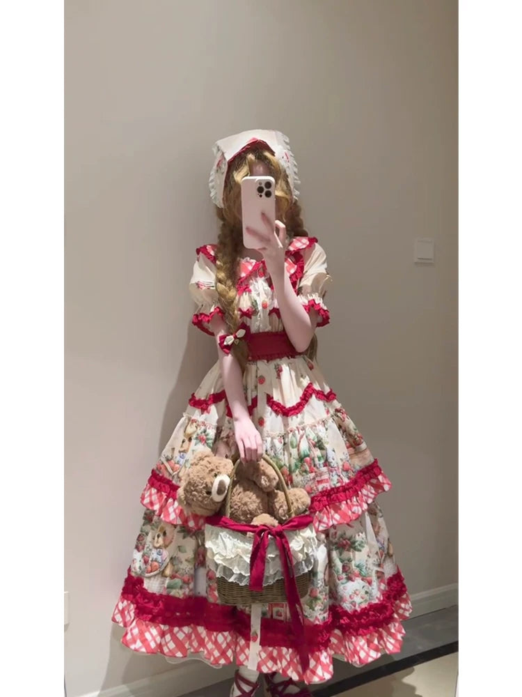 Dream Bunny - December Strawberry Field - Strawberry-Print One-Piece Dress with Red Gingham Ruffles
