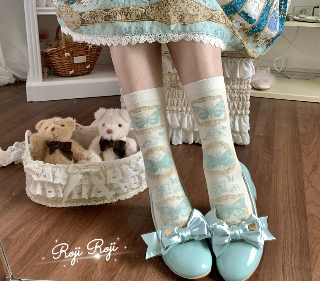 Roji Roji - Sweet Lolita Cotton Socks - Detachable Cuff Bow Trim Socks
