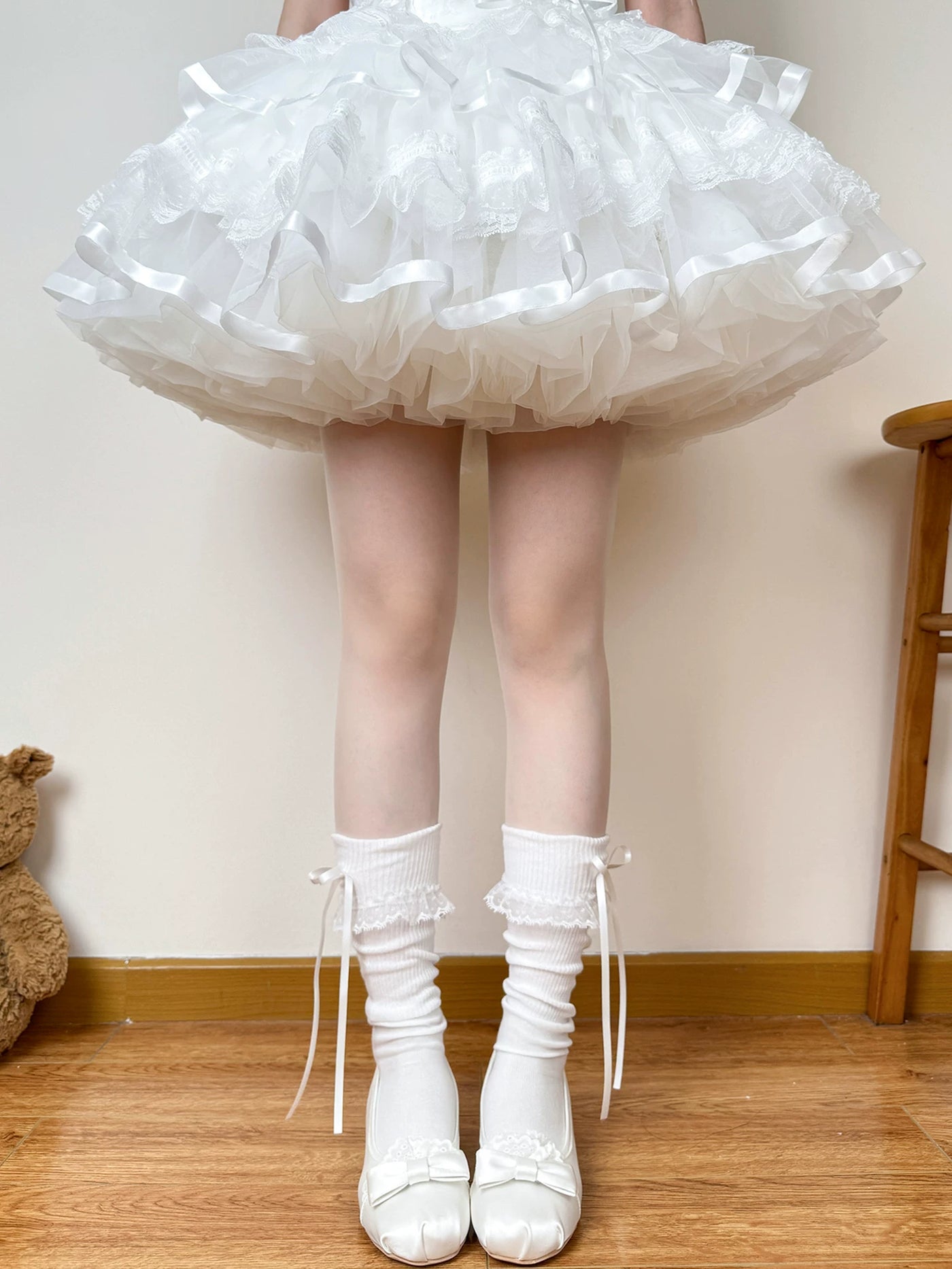 Chubby Bear Tales - Cream Ballet - Thin Scrunch Socks with Ribbon Bows