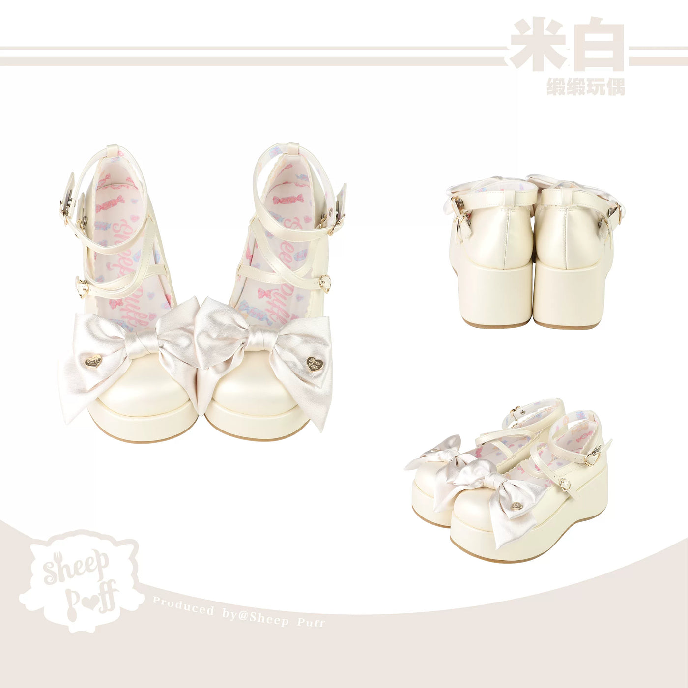 Sheep Puff satin doll platform lolita shoes with decorative bows and satin finish, stylish footwear for elegant fashion.